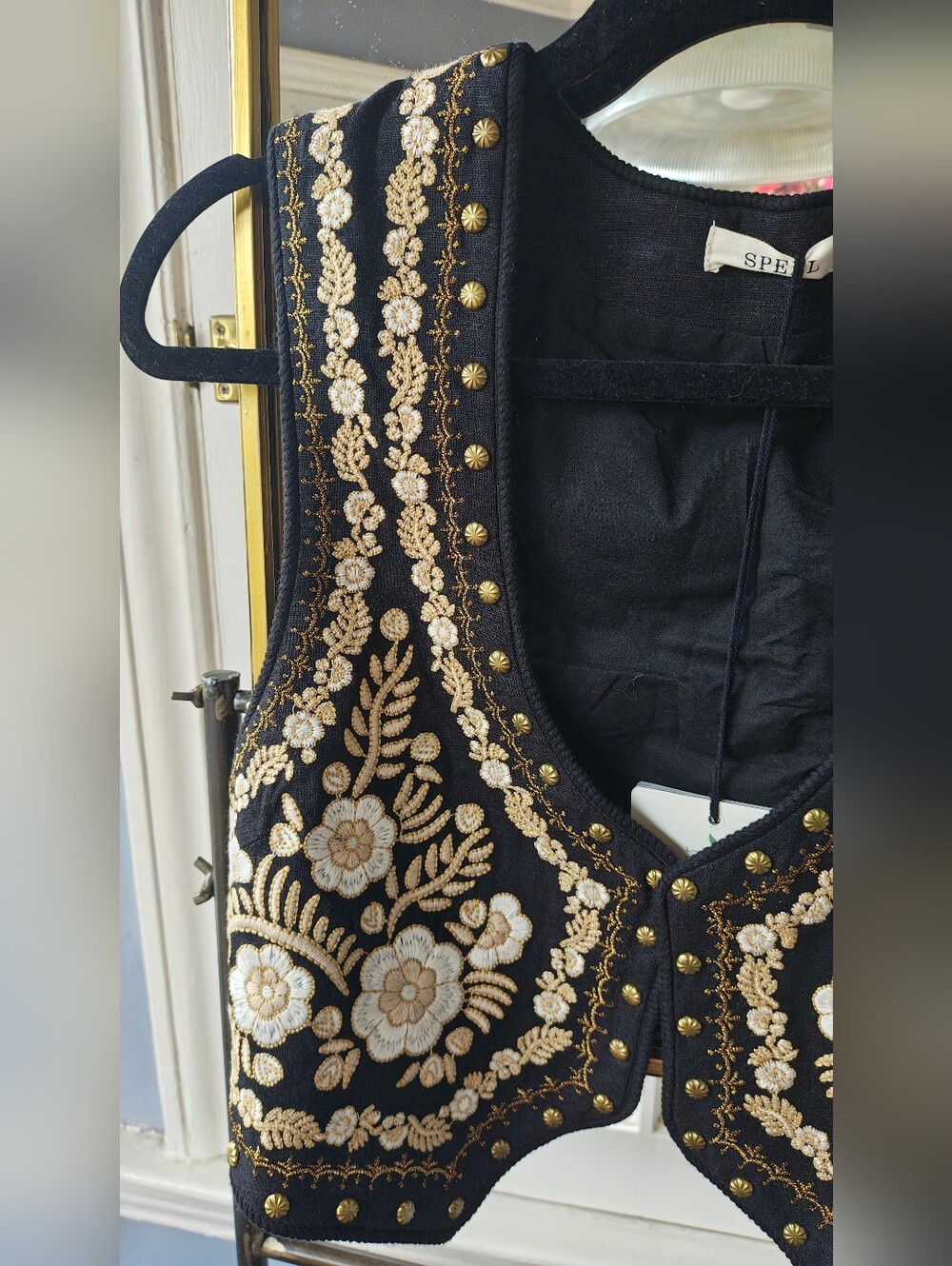 Spell Black Remi vest With Embroidered Gold & Cream FloralAccents, Small, NWT - Picture 3 of 8